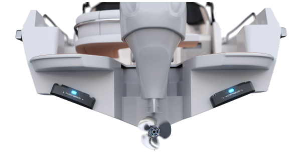 Stern view with trim tabs and outboard motor
