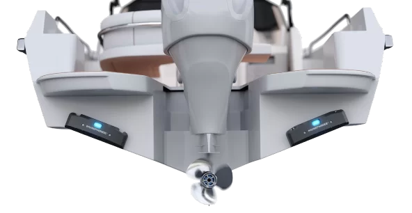 Stern view with trim tabs and outboard motor
